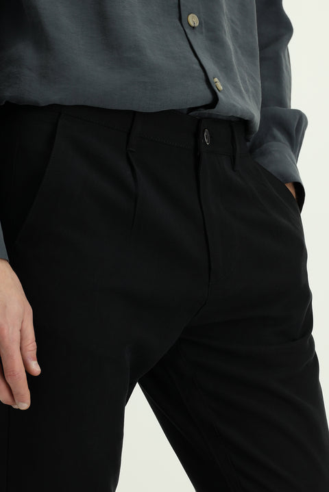 Black Slim Fit Narrow Cut Elasticated Waist Lyocell Canvas / Chino Trousers