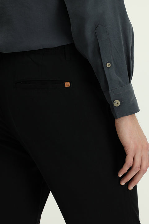 Black Slim Fit Narrow Cut Elasticated Waist Lyocell Canvas / Chino Trousers