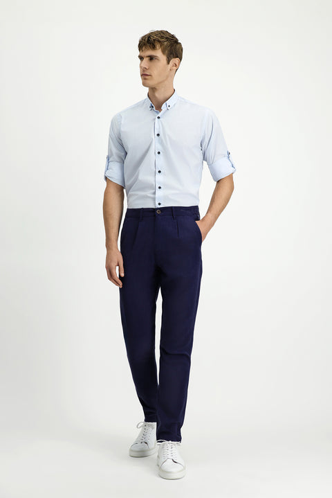 Mid Navy Slim Fit Elasticated Waist Lyocell Canvas / Chino Trousers