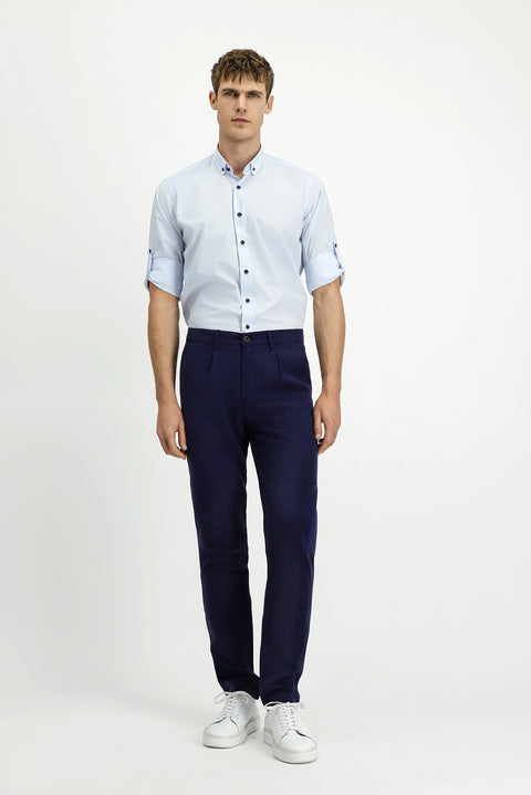 Mid Navy Slim Fit Elasticated Waist Lyocell Canvas / Chino Trousers