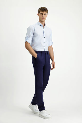  Orta Lacivert Slim Fit Dar Kesim Beli Lastikli Lyocell Kanvas / Chino Pantolon