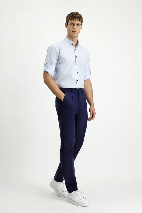 Mid Navy Slim Fit Elasticated Waist Lyocell Canvas / Chino Trousers