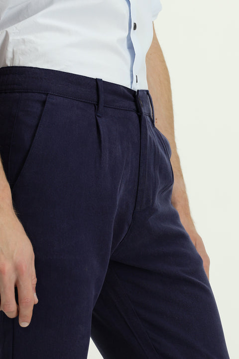 Mid Navy Slim Fit Elasticated Waist Lyocell Canvas / Chino Trousers
