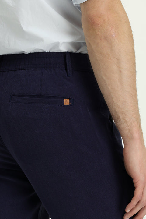 Mid Navy Slim Fit Elasticated Waist Lyocell Canvas / Chino Trousers