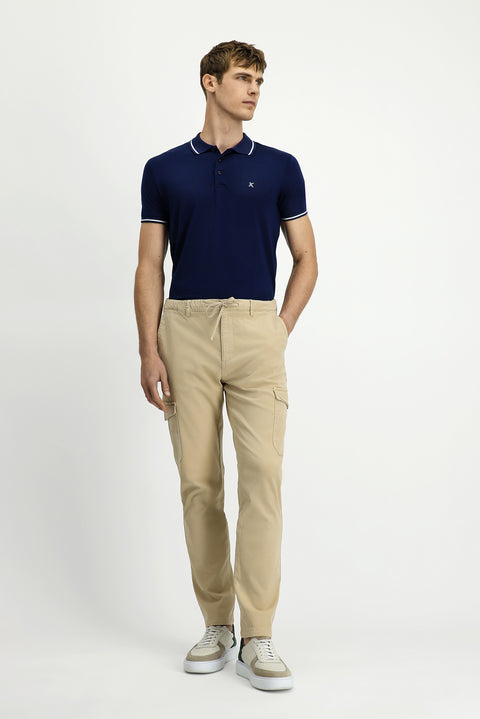 Light Beige Regular Fit Standard Cut Lycra Lyocell Blend Elasticated Waistband Drawstring Cargo Pocket Jogger Pants