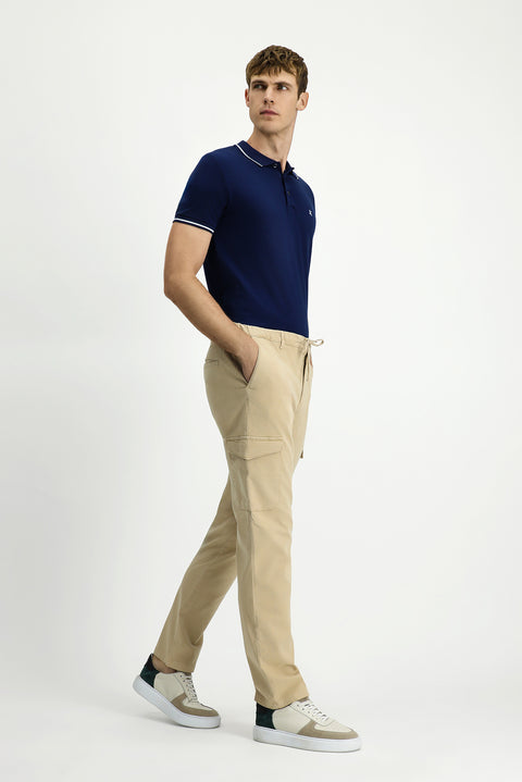 Light Beige Regular Fit Standard Cut Lycra Lyocell Blend Elasticated Waistband Drawstring Cargo Pocket Jogger Pants