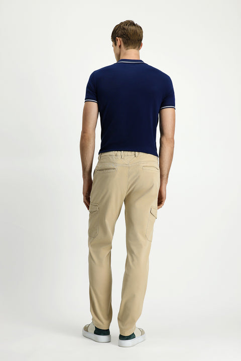 Light Beige Regular Fit Standard Cut Lycra Lyocell Blend Elasticated Waistband Drawstring Cargo Pocket Jogger Pants