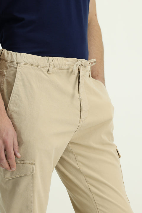 Light Beige Regular Fit Standard Cut Lycra Lyocell Blend Elasticated Waistband Drawstring Cargo Pocket Jogger Pants