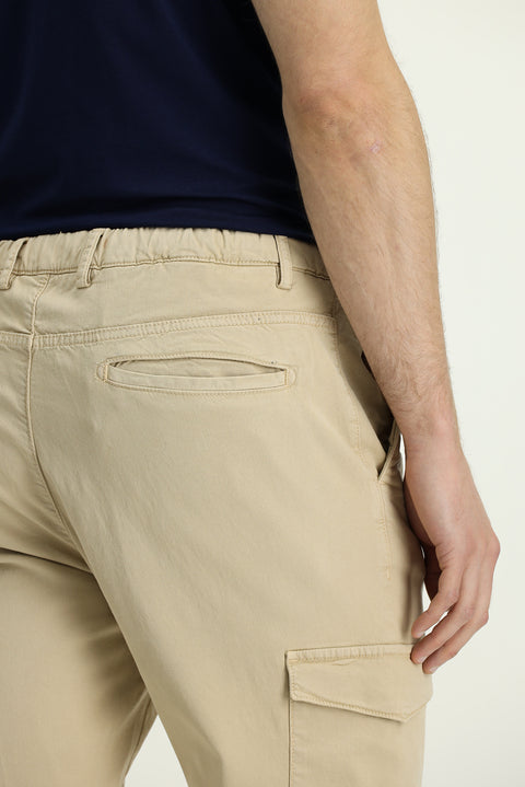 Light Beige Regular Fit Standard Cut Lycra Lyocell Blend Elasticated Waistband Drawstring Cargo Pocket Jogger Pants