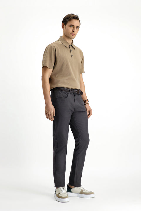 Mid Grey Regular Fit Standard Cut Lycra Patterned Canvas / Chino Trousers