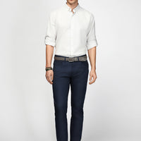 Mid-Navy Blue Slim Fit Stretch Patterned Canvas / Chino Trousers
