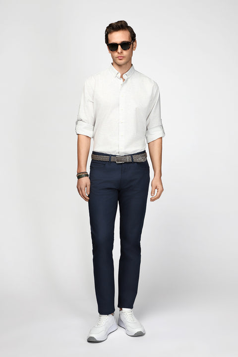 Mid-Navy Blue Slim Fit Stretch Patterned Canvas / Chino Trousers