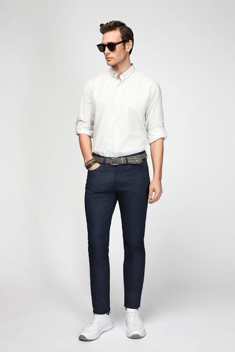 Mid-Navy Blue Slim Fit Stretch Patterned Canvas / Chino Trousers