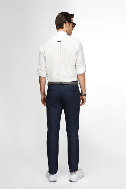Mid-Navy Blue Slim Fit Stretch Patterned Canvas / Chino Trousers