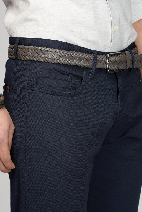 Mid-Navy Blue Slim Fit Stretch Patterned Canvas / Chino Trousers