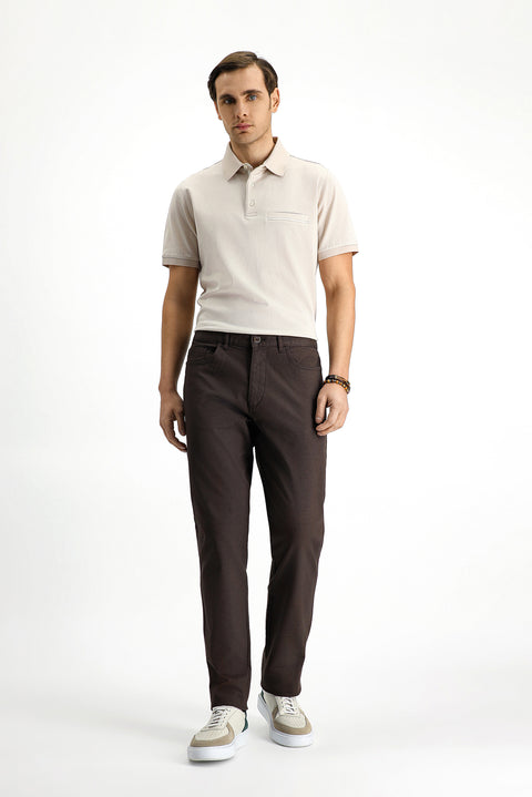 Medium Brown Regular Fit Standard Cut Lycra Patterned Canvas / Chino Trousers