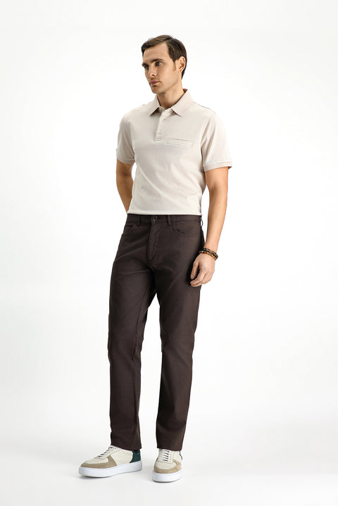 Medium Brown Slim Fit Stretchy Patterned Canvas / Chino Trousers