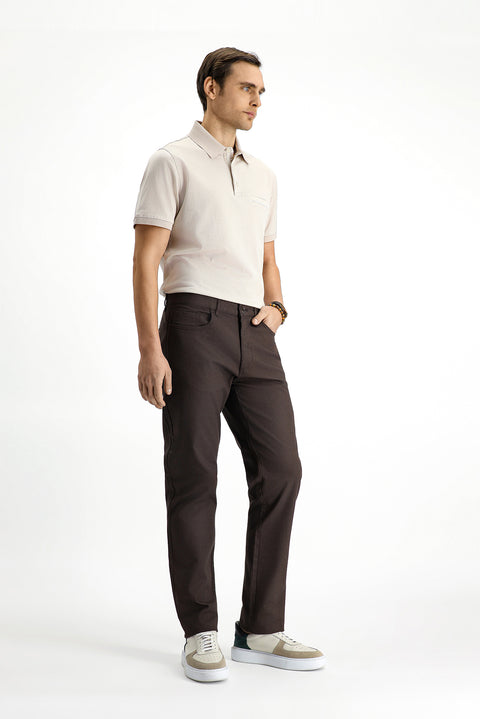 Medium Brown Slim Fit Stretchy Patterned Canvas / Chino Trousers