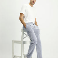 Navy-White Regular Fit Standard Cut Lycra Striped Pleated Canvas / Chino Trousers