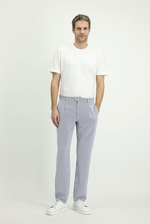 Navy-White Regular Fit Standard Cut Lycra Striped Pleated Canvas / Chino Trousers