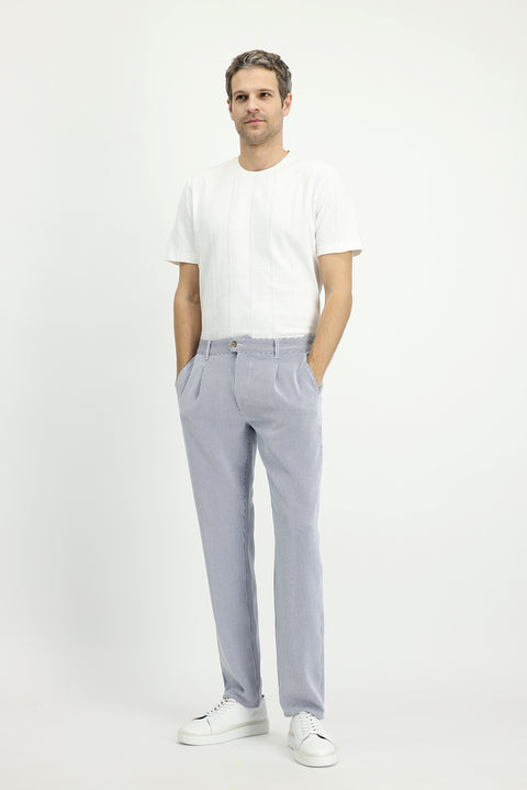 Navy-White Regular Fit Standard Cut Lycra Striped Pleated Canvas / Chino Trousers