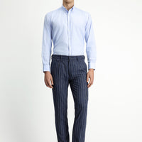 Medium Navy 7 Drop Slim Fit Linen Blend Striped Classic Fabric Trousers with Buckle