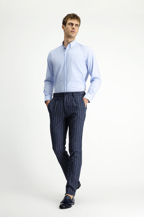 Medium Navy 7 Drop Slim Fit Linen Blend Striped Classic Fabric Trousers with Buckle