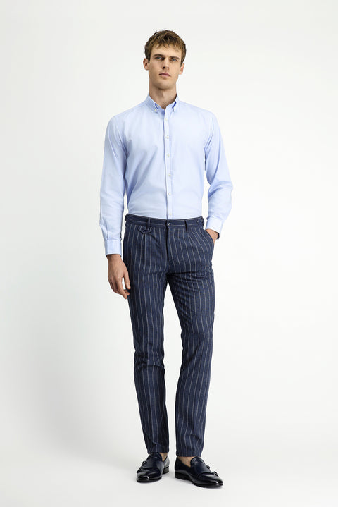 Medium Navy 7 Drop Slim Fit Linen Blend Striped Classic Fabric Trousers with Buckle