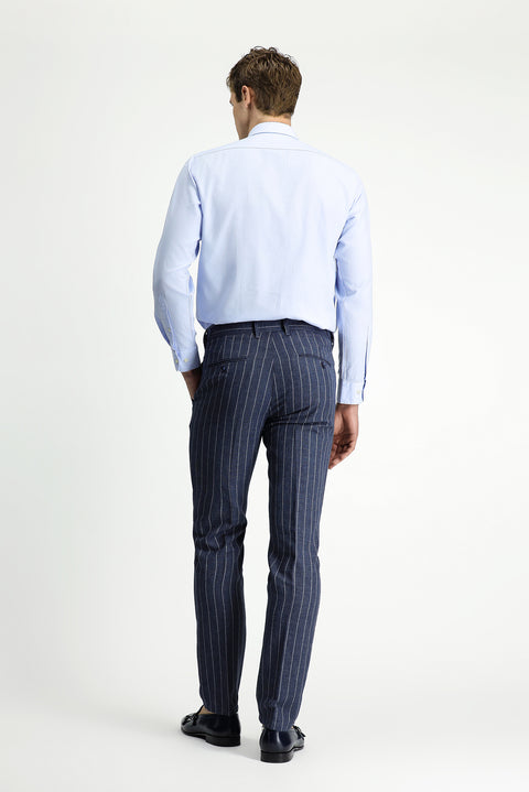 Medium Navy 7 Drop Slim Fit Linen Blend Striped Classic Fabric Trousers with Buckle