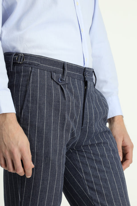 Medium Navy 7 Drop Slim Fit Linen Blend Striped Classic Fabric Trousers with Buckle