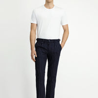 Koyu Lacivert 7 Drop Slim Fit Dar Kesim Keten Karışımlı Çizgili Tokalı Klasik Kumaş Pantolon