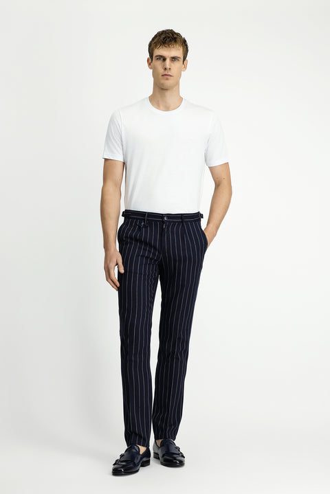 Koyu Lacivert 7 Drop Slim Fit Dar Kesim Keten Karışımlı Çizgili Tokalı Klasik Kumaş Pantolon