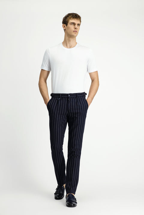 Koyu Lacivert 7 Drop Slim Fit Dar Kesim Keten Karışımlı Çizgili Tokalı Klasik Kumaş Pantolon