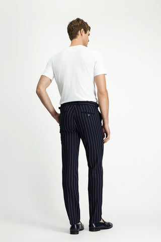  Koyu Lacivert 7 Drop Slim Fit Dar Kesim Keten Karışımlı Çizgili Tokalı Klasik Kumaş Pantolon