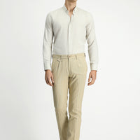 Light Beige 7 Drop Slim Fit Linen Blend Striped Buckle Classic Fabric Trousers
