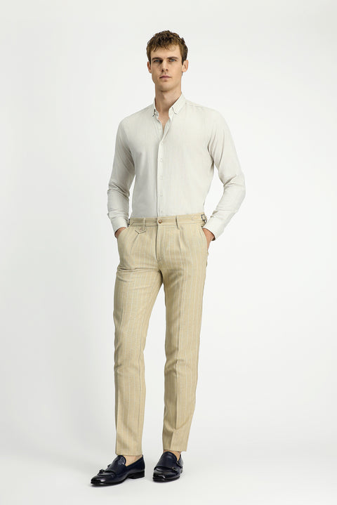 Light Beige 7 Drop Slim Fit Linen Blend Striped Buckle Classic Fabric Trousers