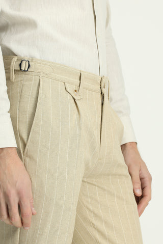  Açık Bej 7 Drop Slim Fit Dar Kesim Keten Karışımlı Çizgili Tokalı Klasik Kumaş Pantolon