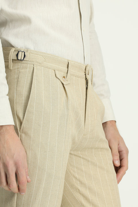 Light Beige 7 Drop Slim Fit Linen Blend Striped Buckle Classic Fabric Trousers
