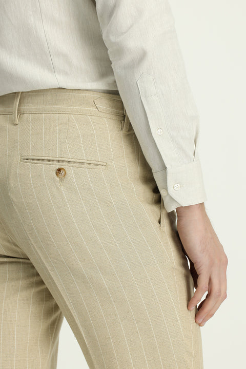 Light Beige 7 Drop Slim Fit Linen Blend Striped Buckle Classic Fabric Trousers