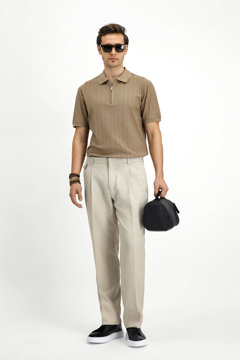 Light Beige 6 Drop Regular Fit Linen Blend Pleated Classic Fabric Trousers