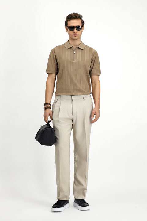 Light Beige 6 Drop Regular Fit Linen Blend Pleated Classic Fabric Trousers