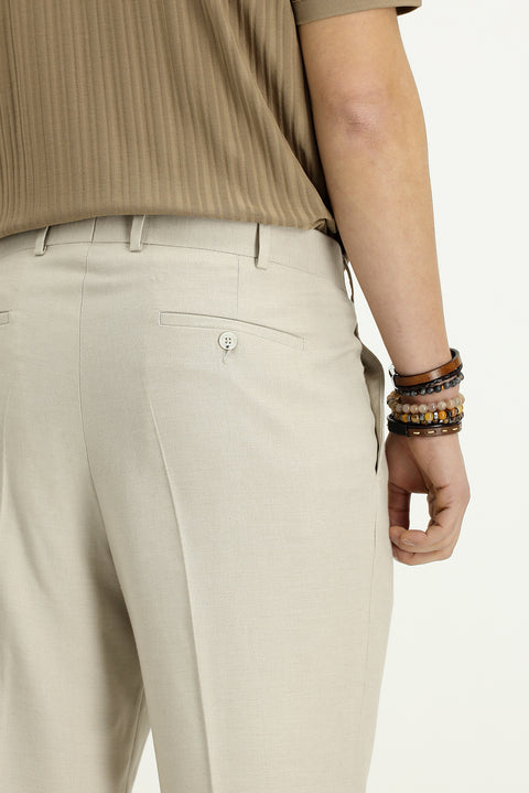 Light Beige 6 Drop Regular Fit Linen Blend Pleated Classic Fabric Trousers