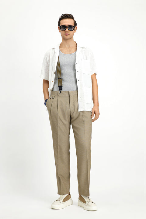 Medium Mink 6 Drop Regular Fit Linen Blend Pleated Classic Fabric Trousers