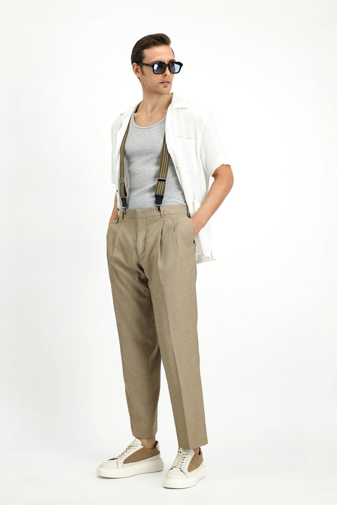 Medium Mink 6 Drop Regular Fit Linen Blend Pleated Classic Fabric Trousers