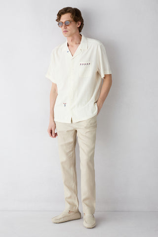  Açık Bej Slim Fit Dar Kesim Beli Lastikli Yandan Cepli Keten Kanvas / Chino Pantolon
