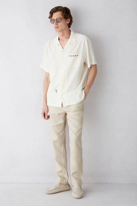 Light Beige Slim Fit Narrow Cut Elasticated Waist Side Pocket Linen Canvas / Chino Trousers