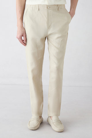  Açık Bej Slim Fit Dar Kesim Beli Lastikli Yandan Cepli Keten Kanvas / Chino Pantolon