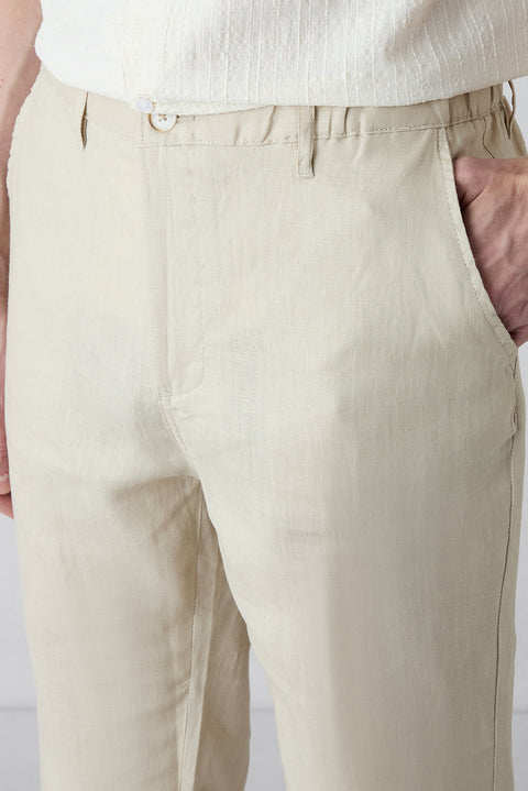 Light Beige Slim Fit Narrow Cut Elasticated Waist Side Pocket Linen Canvas / Chino Trousers