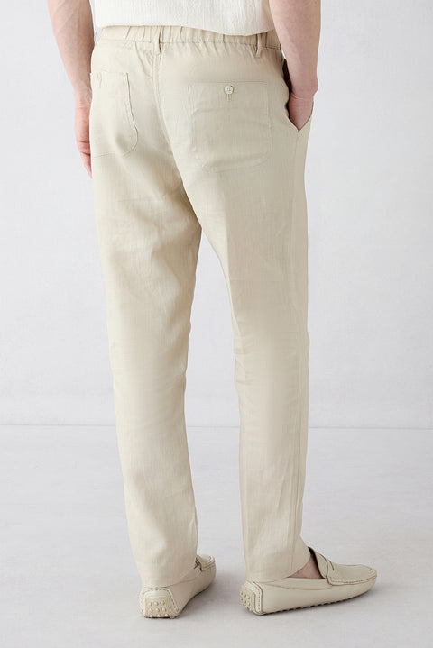 Light Beige Slim Fit Narrow Cut Elasticated Waist Side Pocket Linen Canvas / Chino Trousers