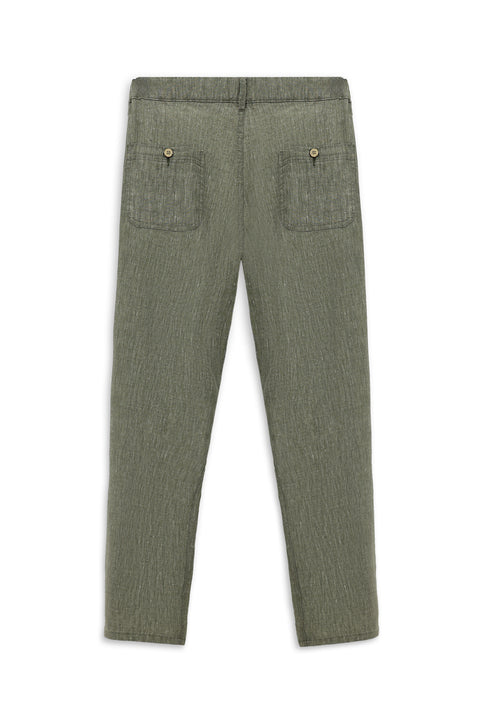 Medium Khaki 7 Drop Slim Fit Elasticated Waist Side Pocket Linen Canvas / Chino Trousers
